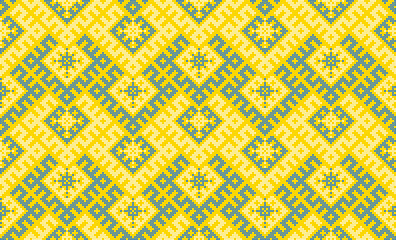 Traditional Ukrainian ornament vector, blue and yellow cross-stitch seamless pattern, ethnic vyshyvanka embroidery, folk geometric background for print, fabric, clothing, website, banner