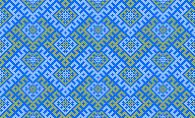 Traditional Ukrainian ornament vector, blue and yellow cross-stitch seamless pattern, ethnic vyshyvanka embroidery, folk geometric background for print, fabric, clothing, website, banner
