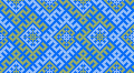 Traditional Ukrainian ornament vector, blue and yellow cross-stitch seamless pattern, ethnic vyshyvanka embroidery, folk geometric background for print, fabric, clothing, website, banner