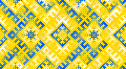 Traditional Ukrainian ornament vector, blue and yellow cross-stitch seamless pattern, ethnic vyshyvanka embroidery, folk geometric background for print, fabric, clothing, website, banner