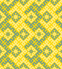 Traditional Ukrainian ornament vector, blue and yellow cross-stitch seamless pattern, ethnic vyshyvanka embroidery, folk geometric background for print, fabric, clothing, website, banner