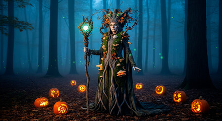 Mystical forest witch in a moss dress holding a glowing staff surrounded by pumpkins.