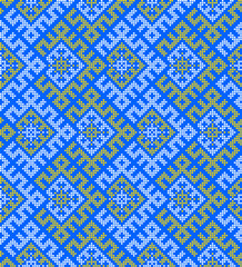 Traditional Ukrainian ornament vector, blue and yellow cross-stitch seamless pattern, ethnic vyshyvanka embroidery, folk geometric background for print, fabric, clothing, website, banner