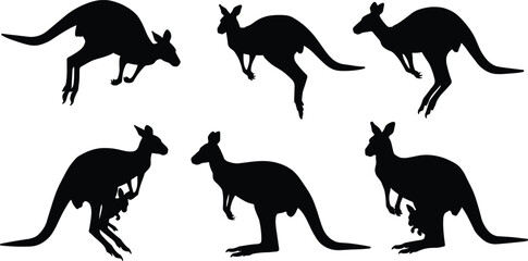 Kangaroo silhouettes in jumping and standing poses with joeys, Australian wildlife vector set, marsupial animal graphic, outback nature illustration, design elements collection