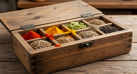 Rustic wooden spice box filled with assorted spices