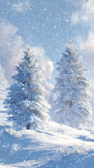 Verschneite Winterlandschaft mit Bäumen und Schneefall
