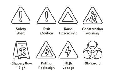 Collection of safety and hazard warning signs with symbols and labels