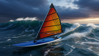 Windsurfer with orange sail on blue board riding rough green waves under dramatic cloudy sky at sunrise or sunset for water sport and adventure concept