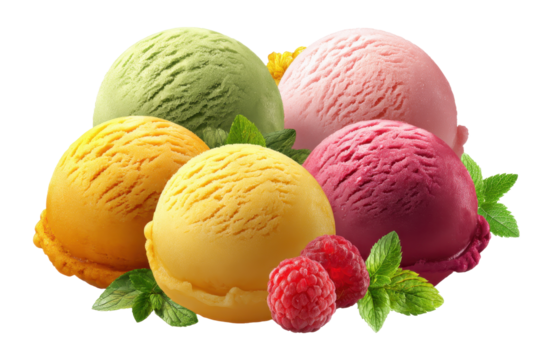 Set bundle of vibrant ice cream scoops with flavor cues white PNG isolated background.