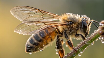 Bee in Dew: A single bee, delicately perched on a dew-kissed stem, is captured in a close-up shot. The photo highlights the beauty of nature's tiny creatures.
