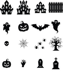 Obraz premium Halloween icons, haunted houses, ghosts, pumpkins, bats, spider webs, spiders, spooky tree, skull, graveyard tombstones, zombie hand, black fence