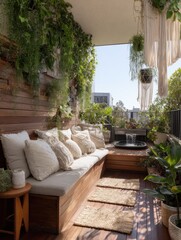 Fototapeta premium Wooden outdoor seating area with plants and a water feature.
