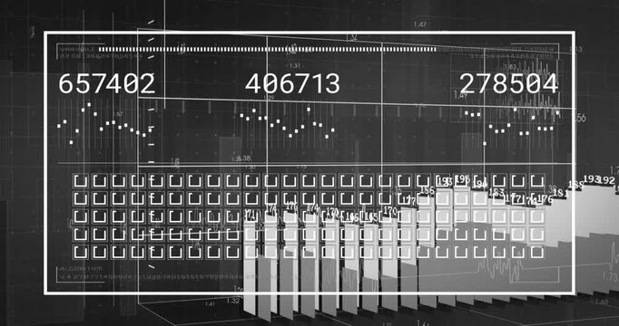3D HUD frame appearing, data panels updating, bars rising, clustering, shrinking visualizing trends