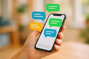 Smartphone in Hand with Colorful Speech Bubbles Representing Text Messaging and Communication