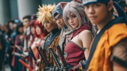 Group of people wearing a cosplay outfit of different anime characters posing at anime exhibition
