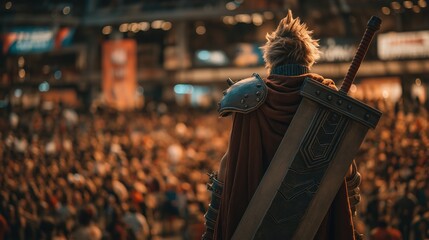 Rear view of warrior cosplay guy with big sword on anime convention stage surrounded with audience