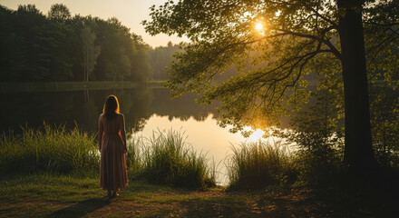 woman in flowing dress stands by peaceful lake during sunset. soft sunlight filters through trees creating serene atmosphere. nature, tranquility, contemplation. print design, poster, meditation