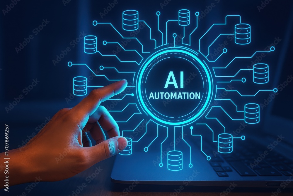Poster hand pointing to ai automation concept with digital circuits on laptop screen in dark background