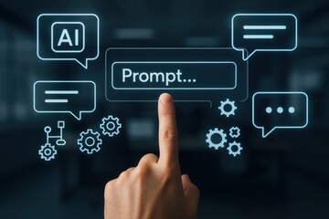 Obraz premium Hand Interacting with Digital Interface Featuring AI Prompts and Chat Bubbles in Modern Workspace