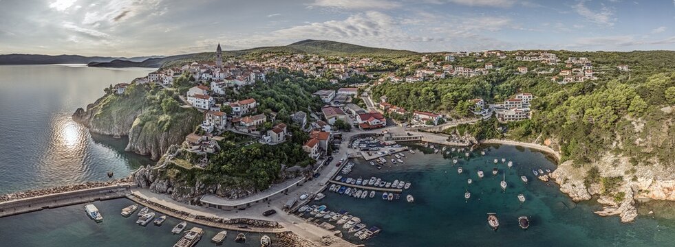 Vrbnik village and marina aerial panorama