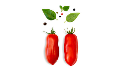 Red oblong tomatoes with basil leaves, oregano and 3 types of pepper on isolated transparent background. Cut out. With transparent shadow. Cooking, decor element. PNG