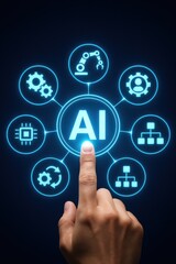 Touching Artificial Intelligence Icon with Digital Connections and Technology Symbols on Background