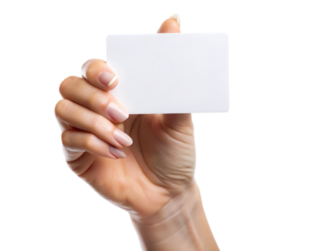 a female hand holding a blank white card against on white background ,PNG.AI Generated.