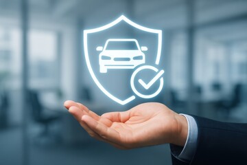 Hand Holding Digital Car Insurance Shield Icon with Checkmark in Modern Office Environment