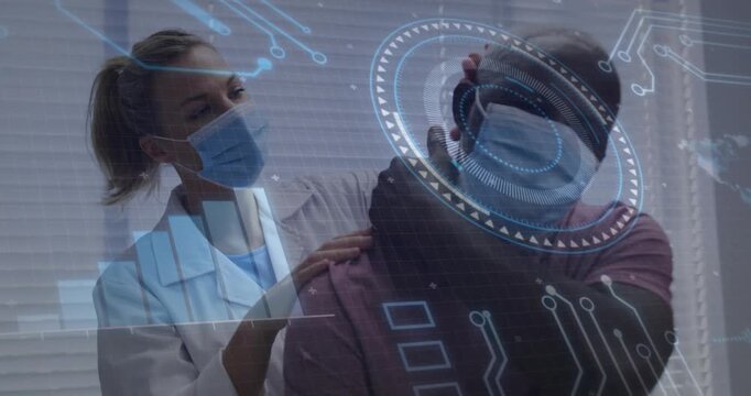 Clinician placing hands on patient initiating medical hologram scan with patient tilting to markers