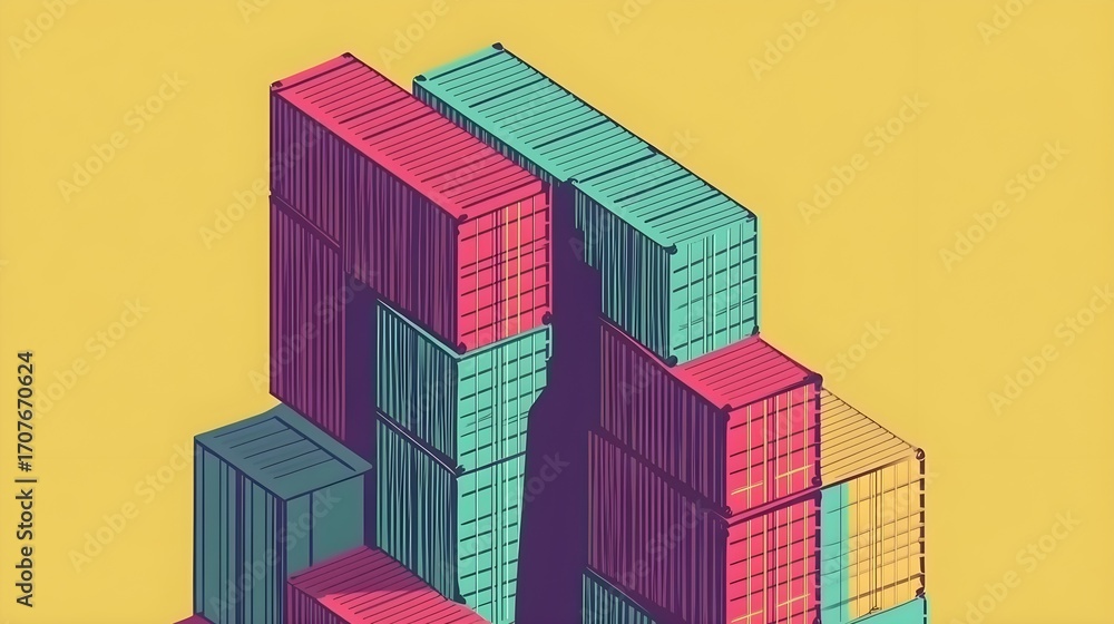 Poster dynamic stacking of colorful shipping containers urban setting graphic design vibrant environment ae