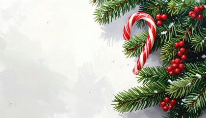 Festive Christmas Decor with Green Fir Branches Candy Cane and Red Berries on Textured White Background for Holiday Season