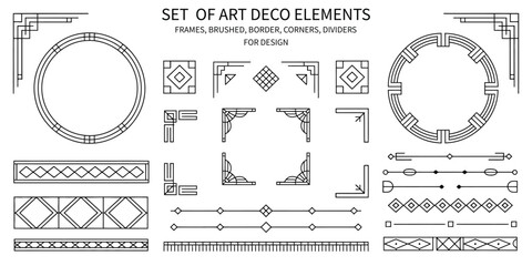 Art Deco Style Geometric Design Set Featuring Round and Rectangular Frames, Corners, Dividers, and Pattern Brushes with Corner Accents in Elegant Black on White Background © VECTOR ZONE