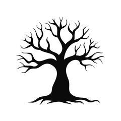 Bare Tree Silhouette with Roots on White Background