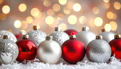 Festive Christmas Ornaments on White Snow with Bokeh Background in Gold and White, Holiday Season Decorative Balls and Spheres in Red Silver