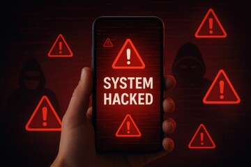 Hand Holding Smartphone Displaying Hacked System Alert with Red Warning Signs in Dark Background