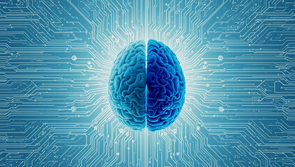 Artificial intelligence brain with circuit board background.
