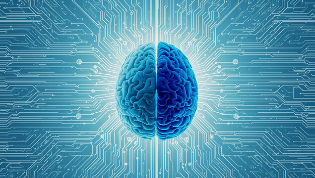 Artificial intelligence brain with circuit board background.
