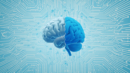 Brain illustration on circuit board background, symbolizing technology and intelligence.
