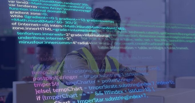 Korean warehouse operator calibrating gesture with scrolling code, inspecting label and sliding box