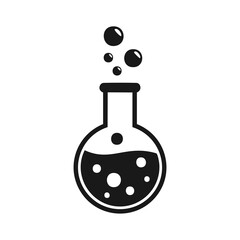 Black laboratory flask with bubbling liquid and transparent background