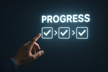Hand Pointing at Neon Progress Indicator with Checkboxes on Dark Background