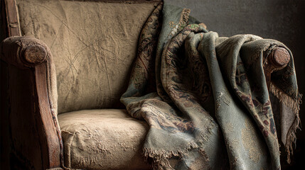 Obraz premium Vintage armchair with worn fabric and a cozy blanket draped over it, creating a warm and inviting atmosphere in a rustic interior setting with soft lighting