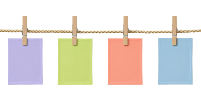 Four Instant Photo Frames Hanging on Rope isolated on transparent background Remove png, 