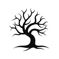 Black silhouette of a bare tree with roots winter deciduous