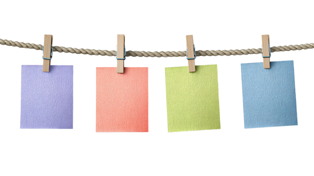 Four Instant Photo Frames Hanging on Rope isolated on transparent background Remove png, 