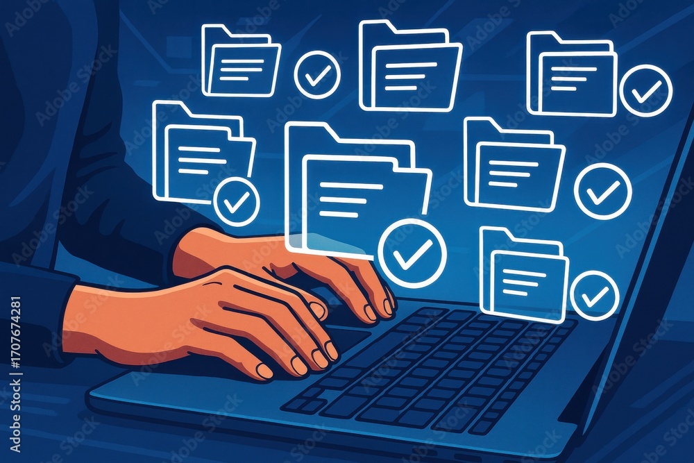 Poster Hands typing on laptop with digital files and checkmarks representing organization and efficiency