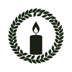 Black silhouette of a candle within a laurel wreath