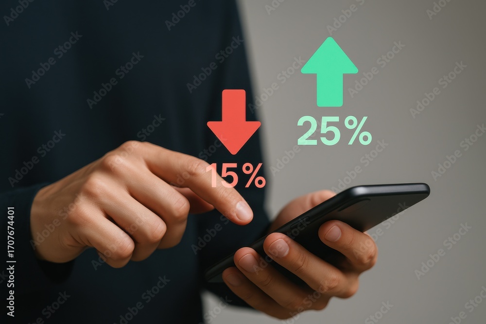 Poster person using smartphone with graphs showing decrease and increase in percentages on display