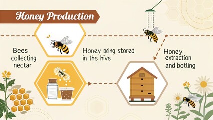 Honey Production Process: A visual guide depicts the intricate steps of honey production, from bees gathering nectar, storing it in the hive, to its extraction and bottling.