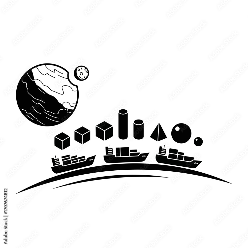 Poster vector illustration of space economy concepts with spaceships planets and geometric shapes vector